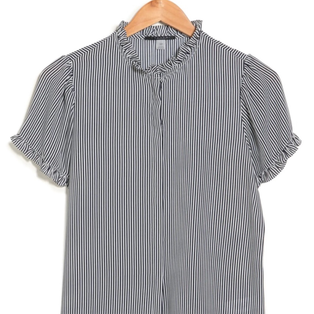 T Tahari Covered Ruffle Neck Placket Short Sleeve Top, Large, Navy/White Stripe